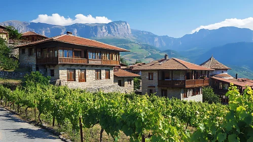 Traditional Village in the Mountains with Scenic Vineyards