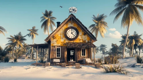 Beachfront Cabin with Clock and Palm Trees