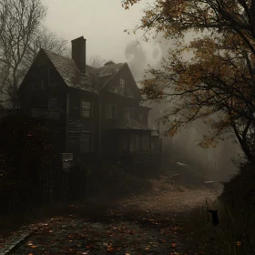 Eerie Abandoned House in Foggy Rain