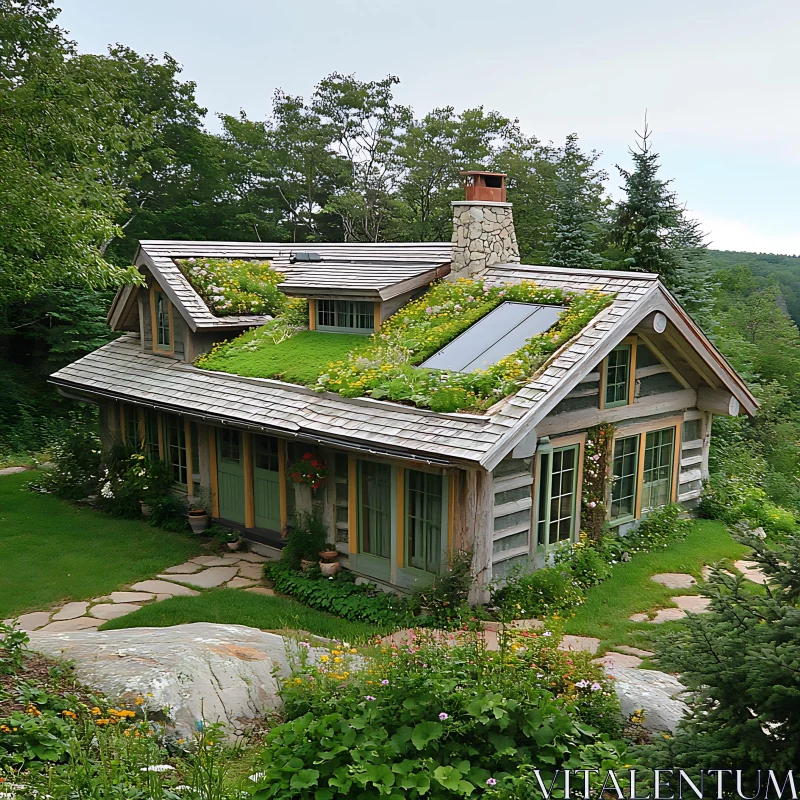 Charming Eco-Friendly Cabin with Plant-Covered Roof AI Image