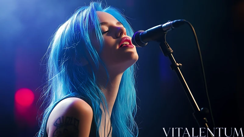 Blue-Haired Vocalist in Passionate Stage Performance AI Image