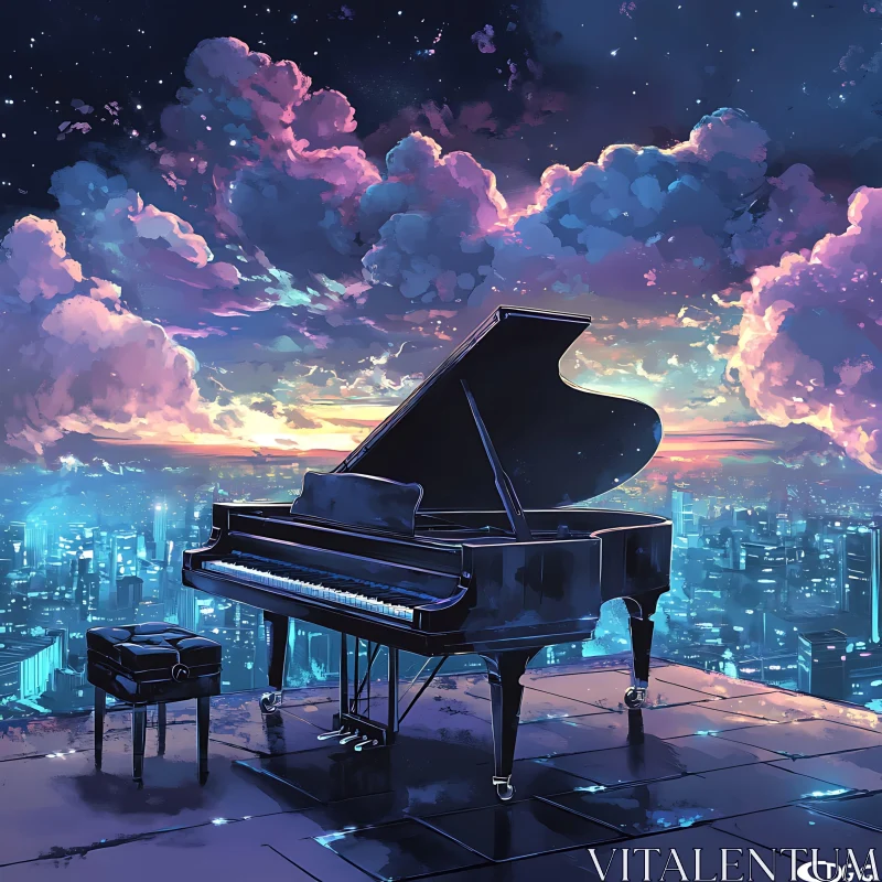 Majestic Piano Overlooking City Skyline at Sunset