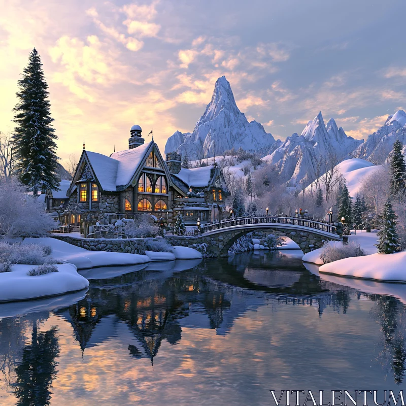 Snowy Landscape with Cabin, Bridge, and Mountains