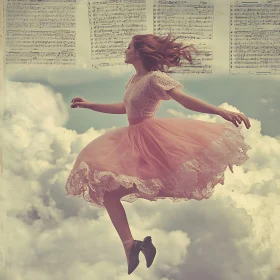 Floating Ballerina Surrounded by Musical Notes in the Sky