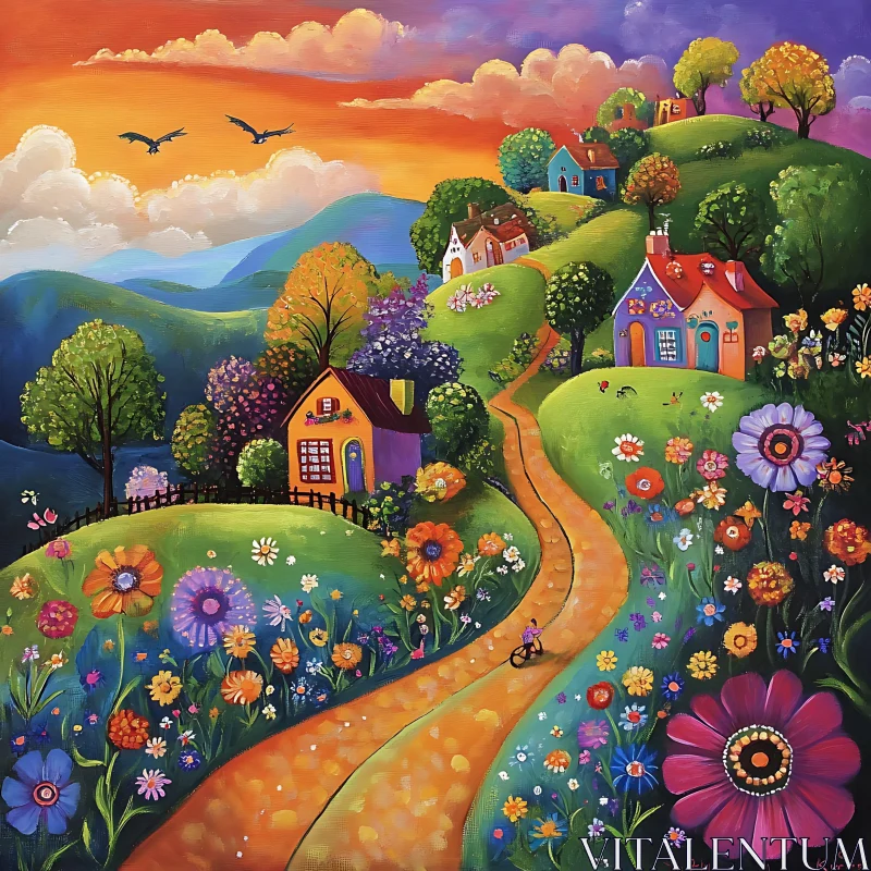 Colorful Hilly Landscape with Charming Cottages and Flower Fields