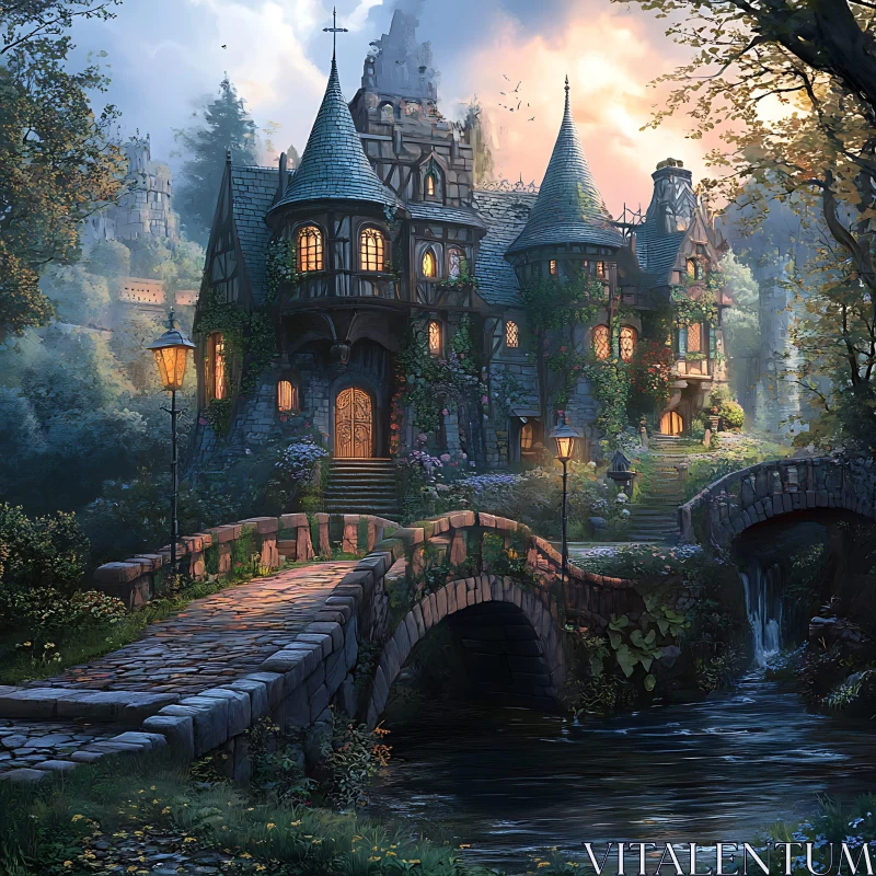 Magical Twilight Castle with Arched Stone Bridge