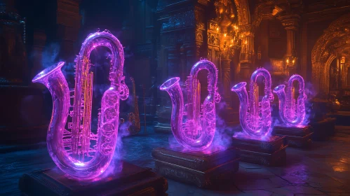 Mystical Glowing Saxophones in Ornate Room