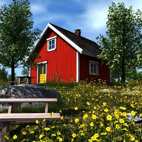 Serene Red Cottage among Blooming Yellow Flowers