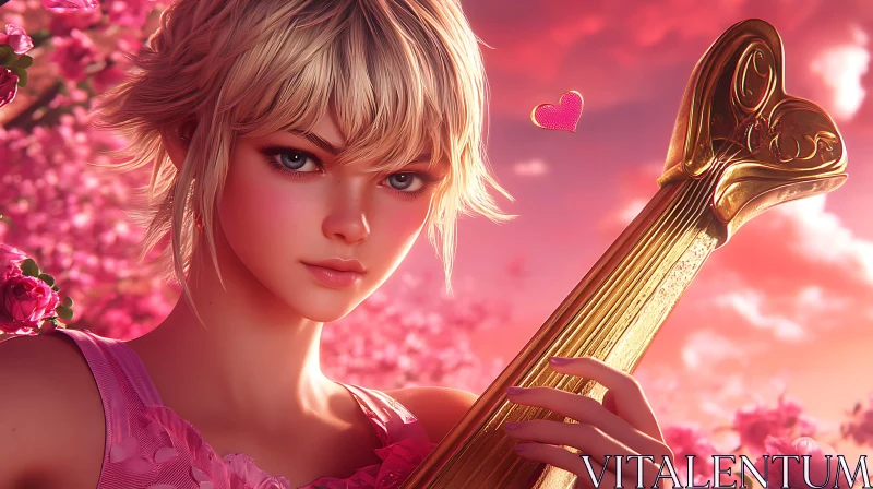 Anime Girl in Floral Setting with Golden Guitar