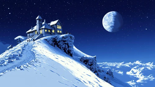 Moonlit Mountain House on a Snow-Covered Peak