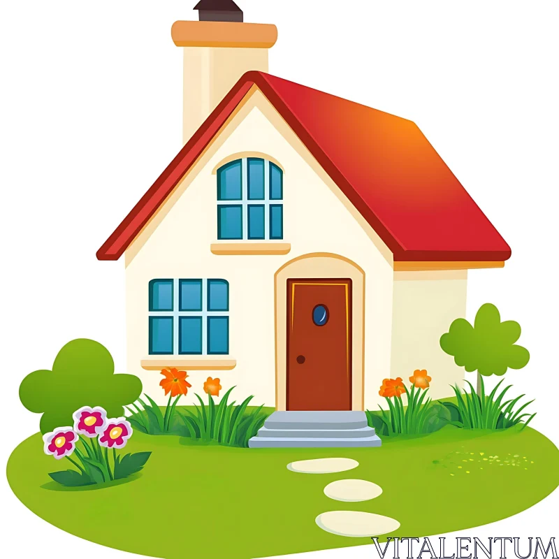 Idyllic Cartoon House with Red Roof and Garden AI Image