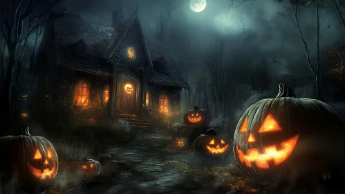 Spooky Halloween Night with Haunted House and Pumpkins