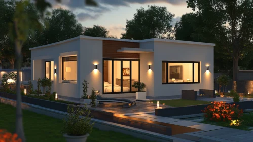 Evening View of Contemporary Home with Garden