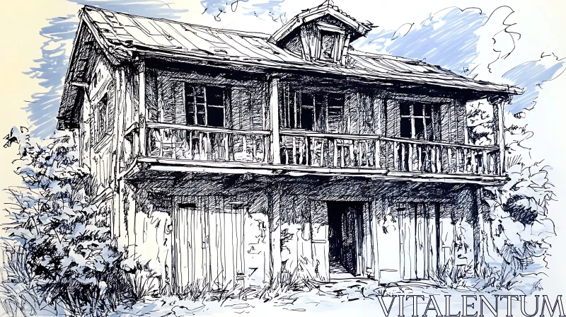 AI ART Detailed Ink Drawing of a Neglected Building