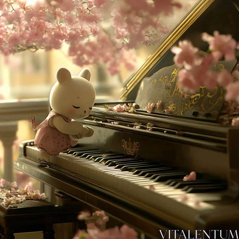 Animated Bear With Piano and Blossoms AI Image