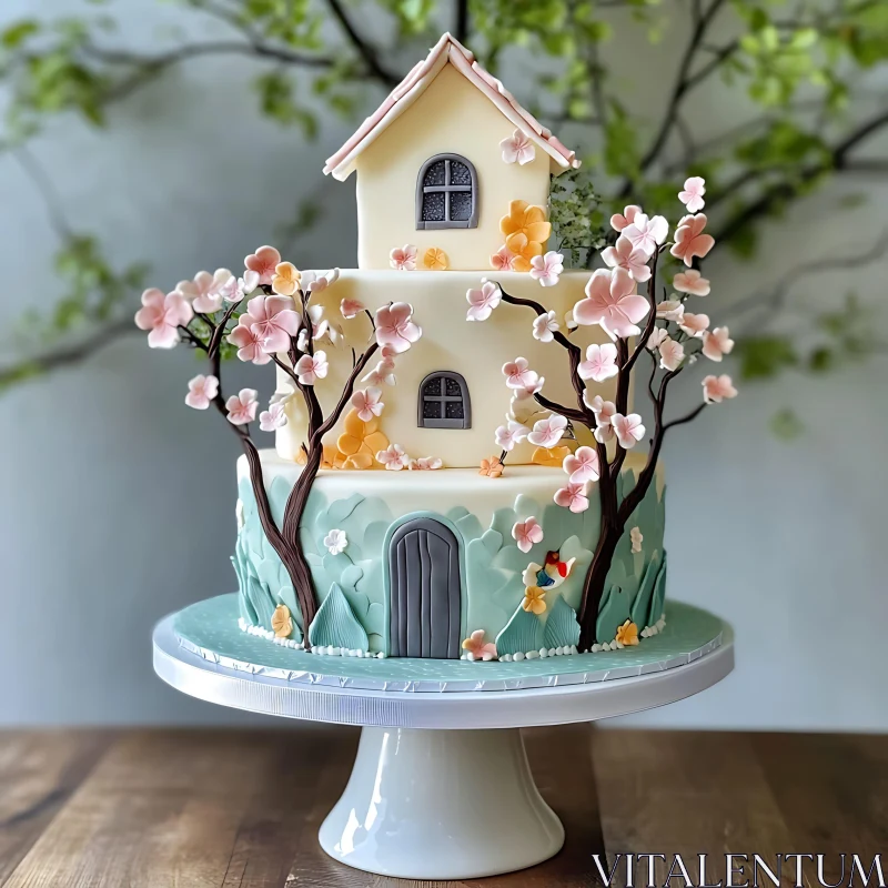 Charming House Cake Surrounded by Blossoming Trees AI Image