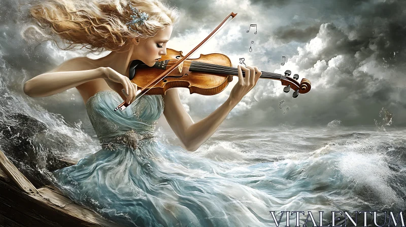 Fantasy Violinist in Stormy Sea Art AI Image