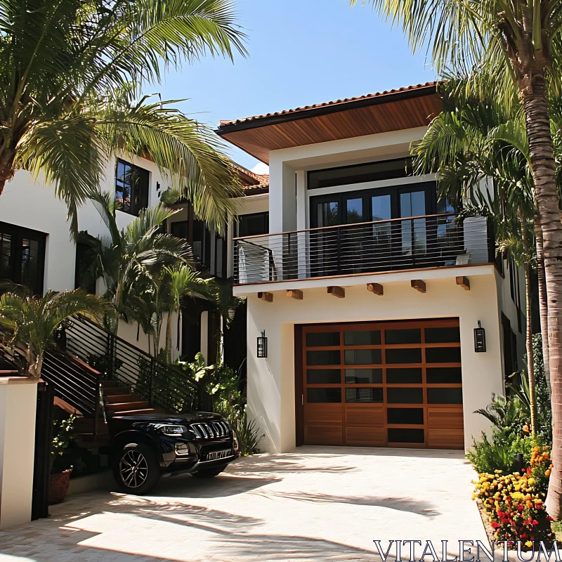 Luxury Tropical Home with Palm Trees and Black SUV AI Image