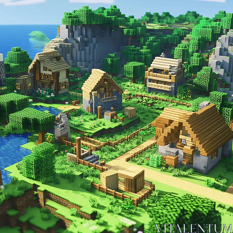 Pixel Art Village with Wooden and Stone Buildings AI Image