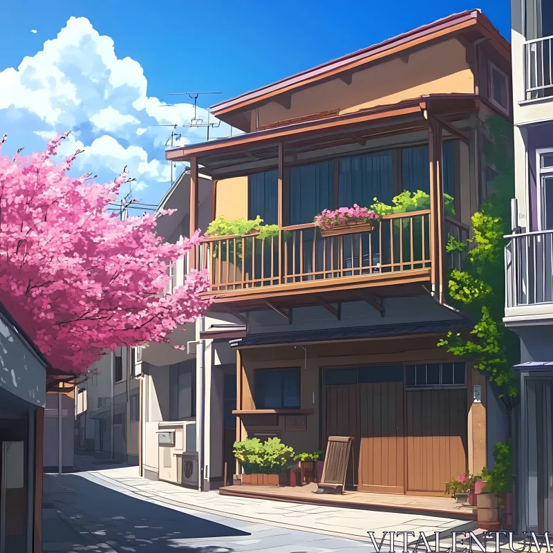 Serene Urban Scenery with Blooming Cherry Blossom AI Image