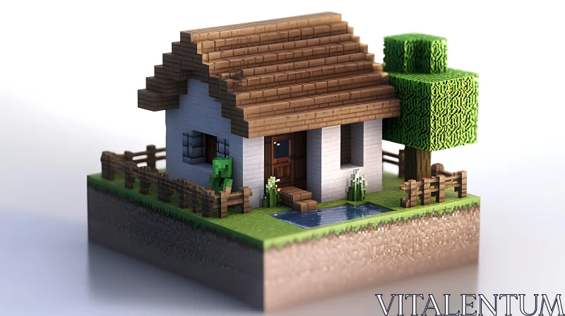 AI ART 3D Minecraft-Inspired House with Fence and Tree