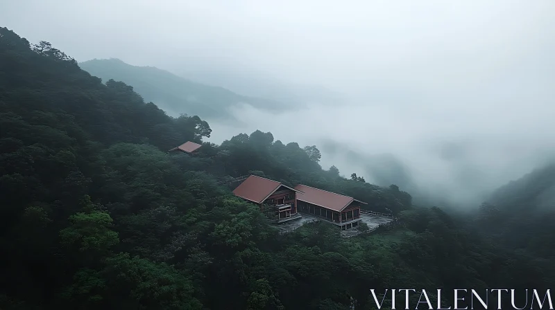 Tranquil Cabin Among Misty Mountains AI Image