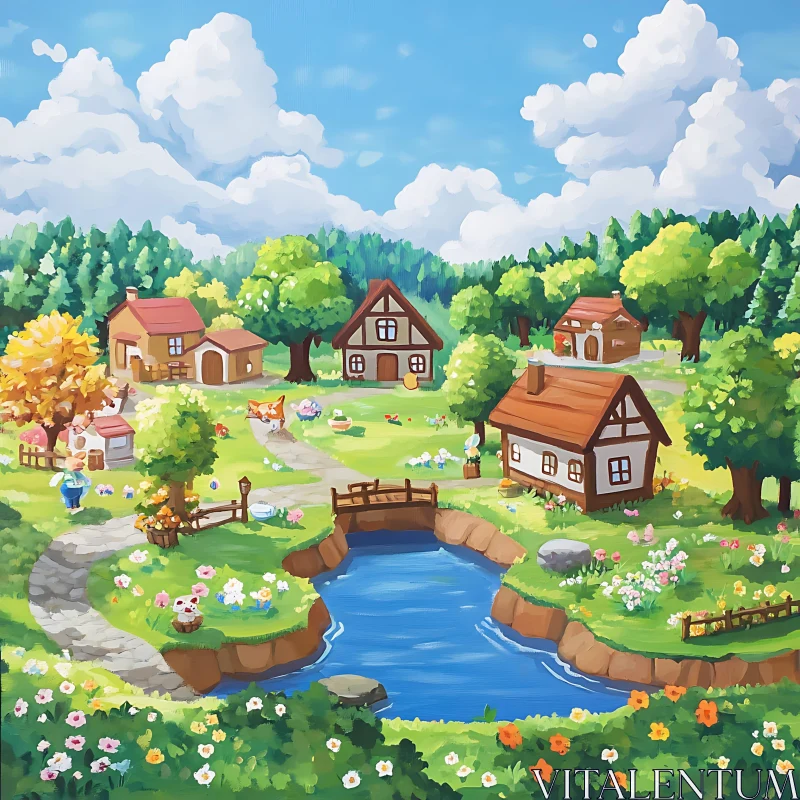 Charming Village in Scenic Countryside Setting AI Image