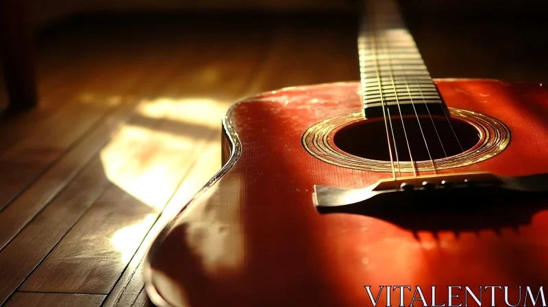 Sunlit Acoustic Guitar on Wooden Floor AI Image