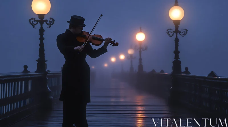 Violinist in the Foggy Night Light AI Image