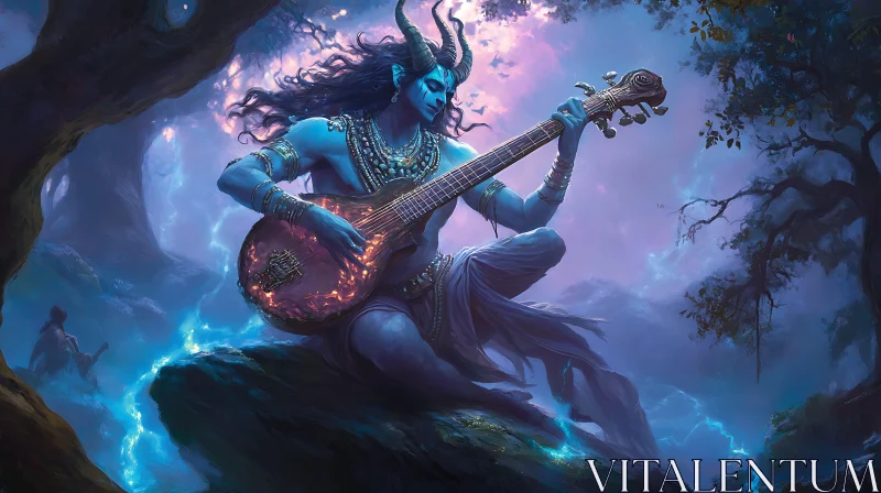 Mystical Blue Creature with Guitar in Forest AI Image