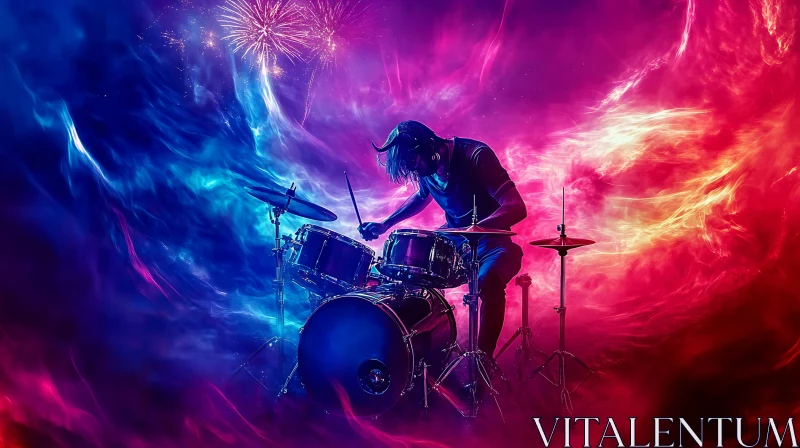 Passionate Drumming Amidst Fireworks and Colors AI Image