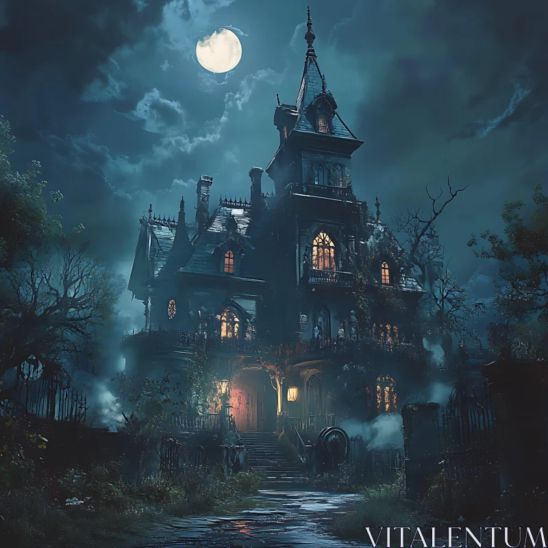 AI ART Gothic Haunted House with Full Moon