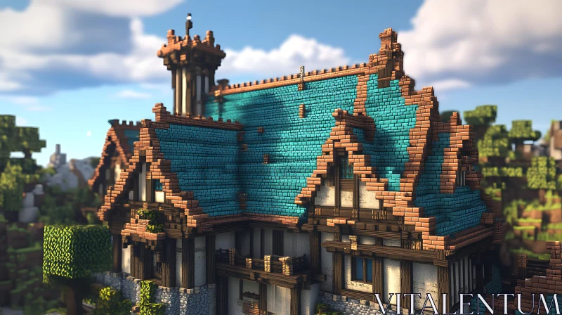 Medieval Blue Roof Cottage in Pixel Art Style AI Image