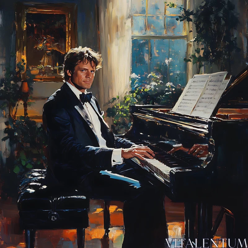 AI ART Sophisticated Musician in Black Tuxedo at Grand Piano