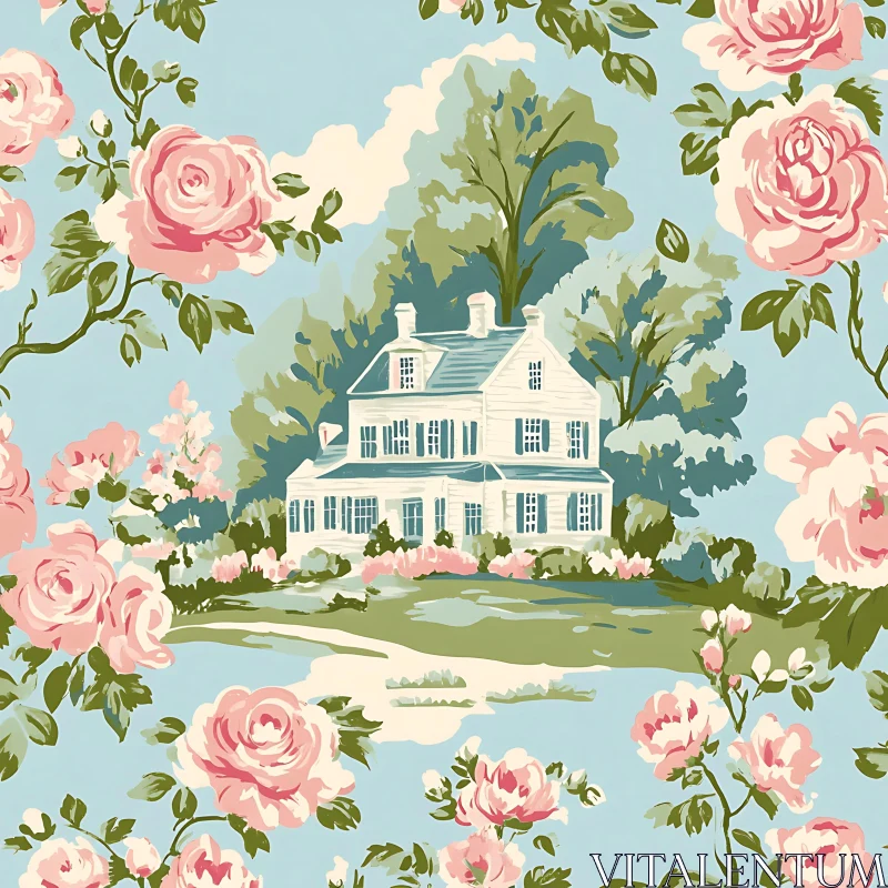 Vintage House with Lush Garden and Pink Roses AI Image