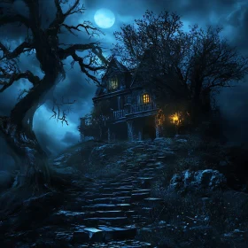 Eerie Moonlit House on a Hill