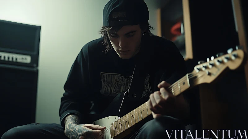 Focused Guitar Practice by a Young Tattooed Musician AI Image