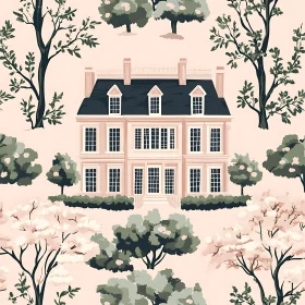 Illustrative Mansion with Trees and Bushes