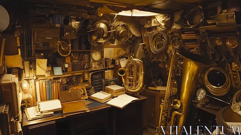 Timeless Study Filled with Antique Brass Instruments AI Image