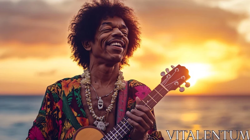 AI ART Beach Sunset Guitarist Joyful Performance