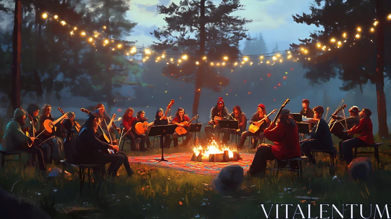 Musicians Performing by Campfire in Woodland AI Image