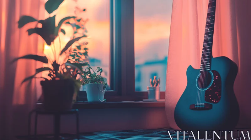 Serene Sunset with Acoustic Guitar and Indoor Plants AI Image