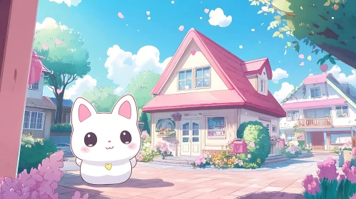 Cute White Anime Cat in Front of Quaint House with Garden