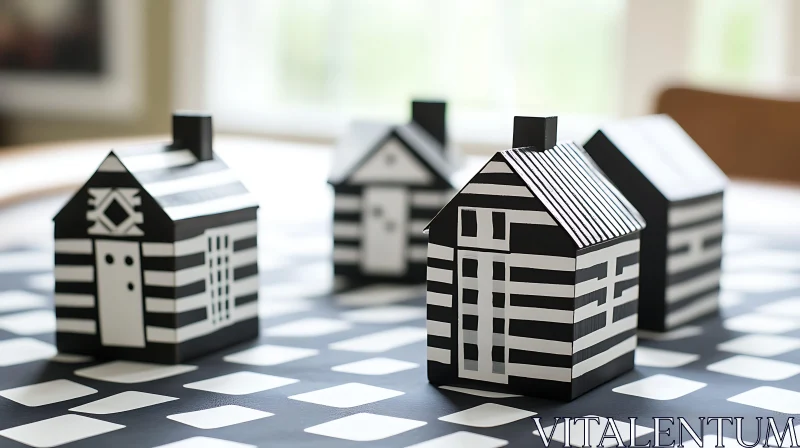 Striped Model Houses on Patterned Surface AI Image