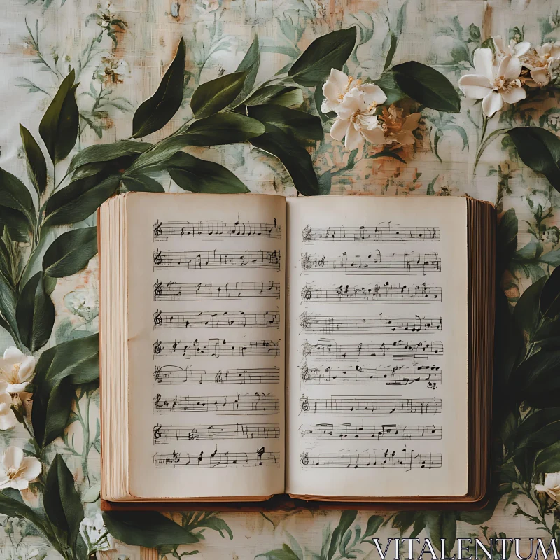 Open Music Book Amidst Greenery and Flowers AI Image