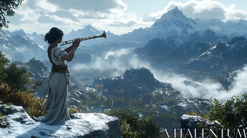 Lady Flautist in Majestic Mountain Vista AI Image