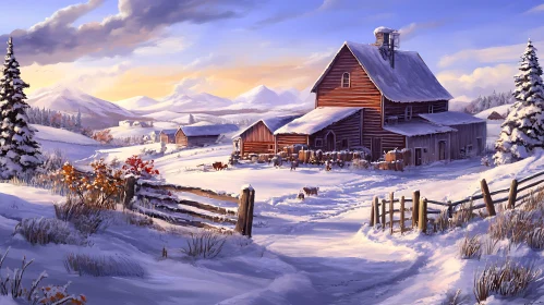 Snow-Covered Farm with Mountain Backdrop in Winter