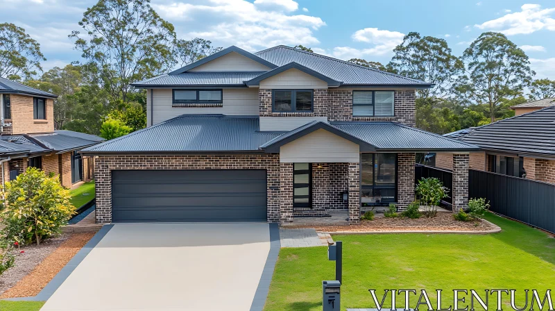 Stylish Brick House with Gabled Roof and Green Lawn AI Image