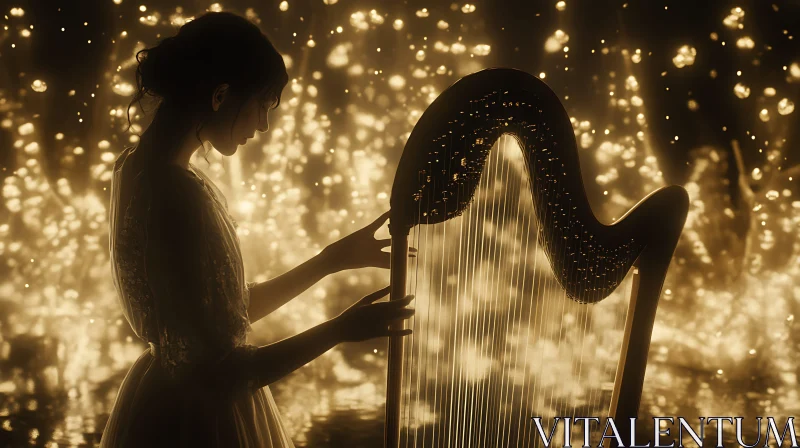 Silhouette of Woman with Harp in Golden Light AI Image