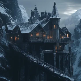 Illuminated Mysterious Castle in Winter Mountains